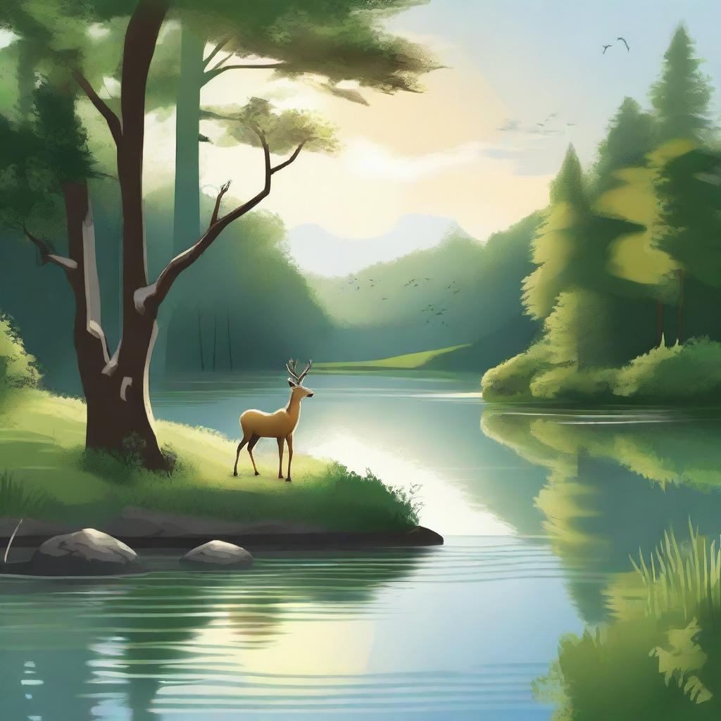 Create an image of a serene landscape with a calm river flowing through a lush forest