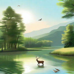 Create an image of a serene landscape with a calm river flowing through a lush forest