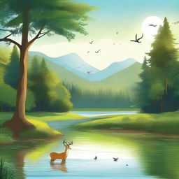 Create an image of a serene landscape with a calm river flowing through a lush forest