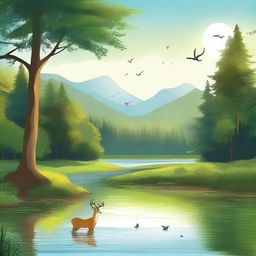 Create an image of a serene landscape with a calm river flowing through a lush forest