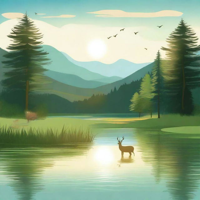 Create an image of a serene landscape with a calm river flowing through a lush forest