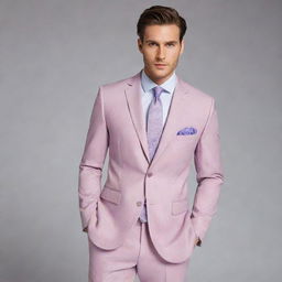 Design stylish men's suits in dark pastel shades. They should exude elegance and sophistication while maintaining a modern edge, matched with complementing shirts and ties.