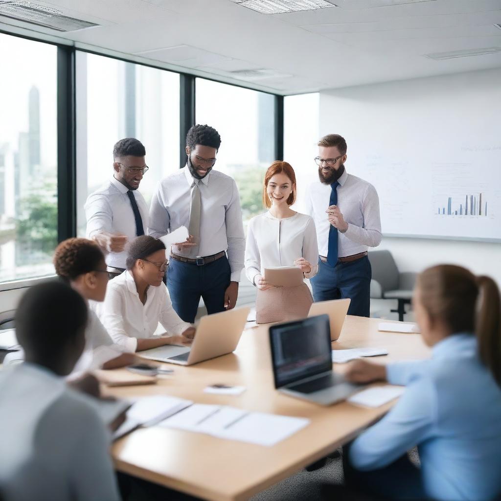 Create a professional business-themed image featuring a modern office environment with diverse people working collaboratively