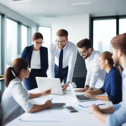 Create a professional business-themed image featuring a modern office environment with diverse people working collaboratively