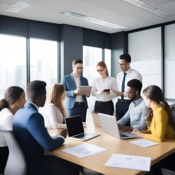 Create a professional business-themed image featuring a modern office environment with diverse people working collaboratively