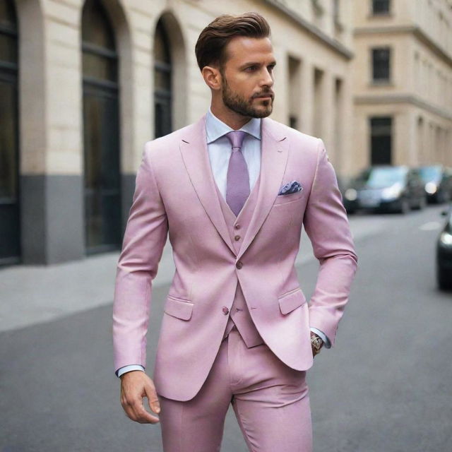 Design stylish men's suits in dark pastel shades. They should exude elegance and sophistication while maintaining a modern edge, matched with complementing shirts and ties.