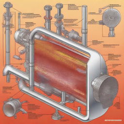 A detailed illustration of heat exchangers, showing the inner workings and flow of heat between fluids