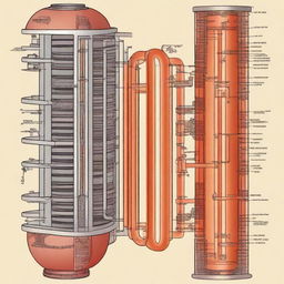 A detailed illustration of heat exchangers, showing the inner workings and flow of heat between fluids