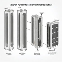 A simple and clear illustration of heat exchangers, showing the basic shapes and flow of heat between fluids