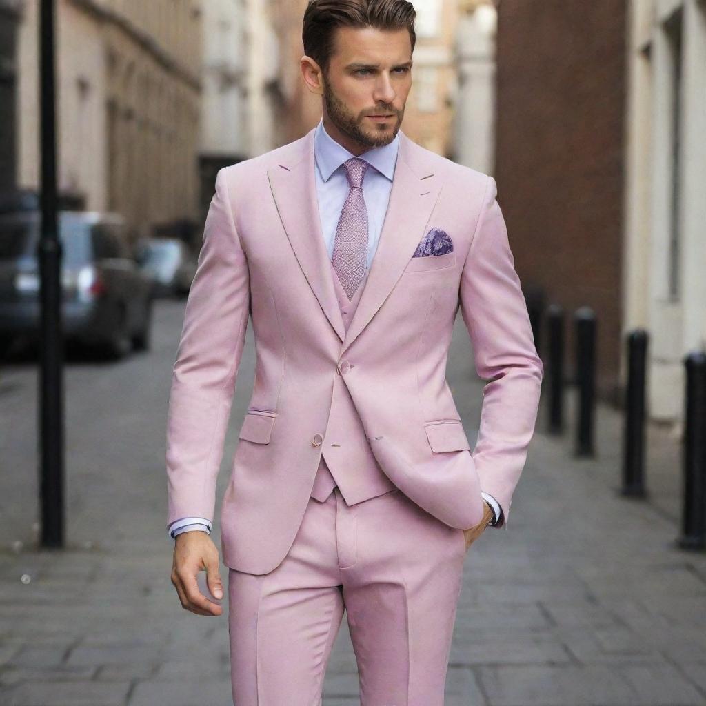 Create a range of elegant men's suits in dark pastel shades. The suits should emanate a blend of classic sophistication with a modern twist, enhanced with matching shirts and ties.