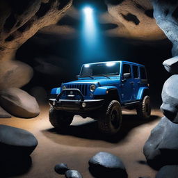 A blue Jeep with large, thick tires and big headlights, facing forward inside a cave