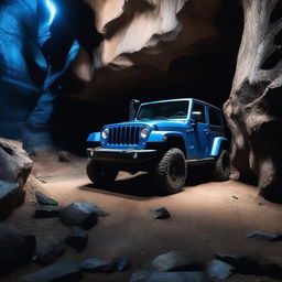 A blue Jeep with large, thick tires and big headlights, facing forward inside a cave