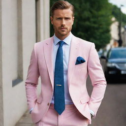 Create a range of elegant men's suits in dark pastel shades. The suits should emanate a blend of classic sophistication with a modern twist, enhanced with matching shirts and ties.