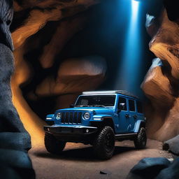 A blue Jeep with large, thick tires and big headlights, facing forward inside a cave