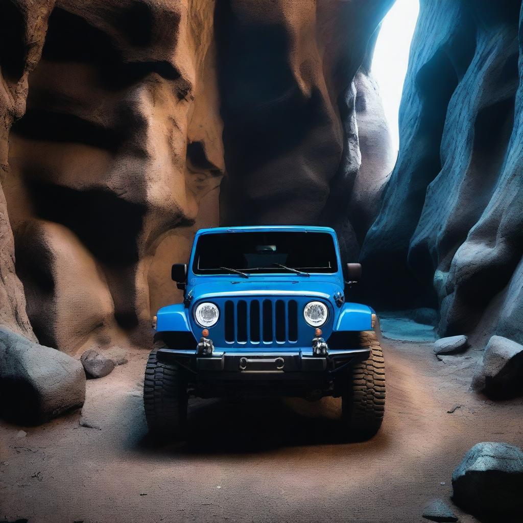 A blue Jeep with large, thick tires and big headlights, facing forward inside a cave