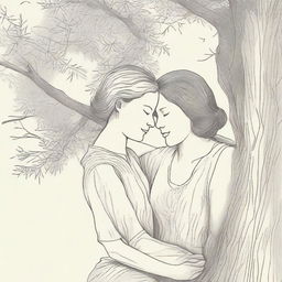 A vintage line art illustration of a lesbian couple in an intimate embrace under a large willow tree