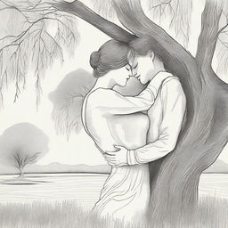 A vintage line art illustration of a lesbian couple in an intimate embrace under a large willow tree