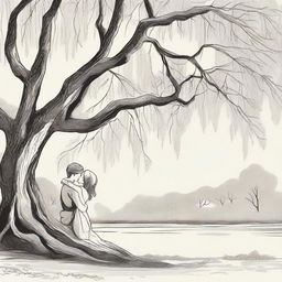 A vintage line art illustration of a lesbian couple in an intimate embrace under a large willow tree