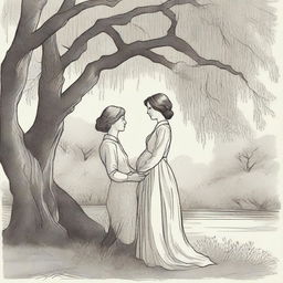 A vintage line art illustration of a lesbian couple in an intimate embrace under a large willow tree