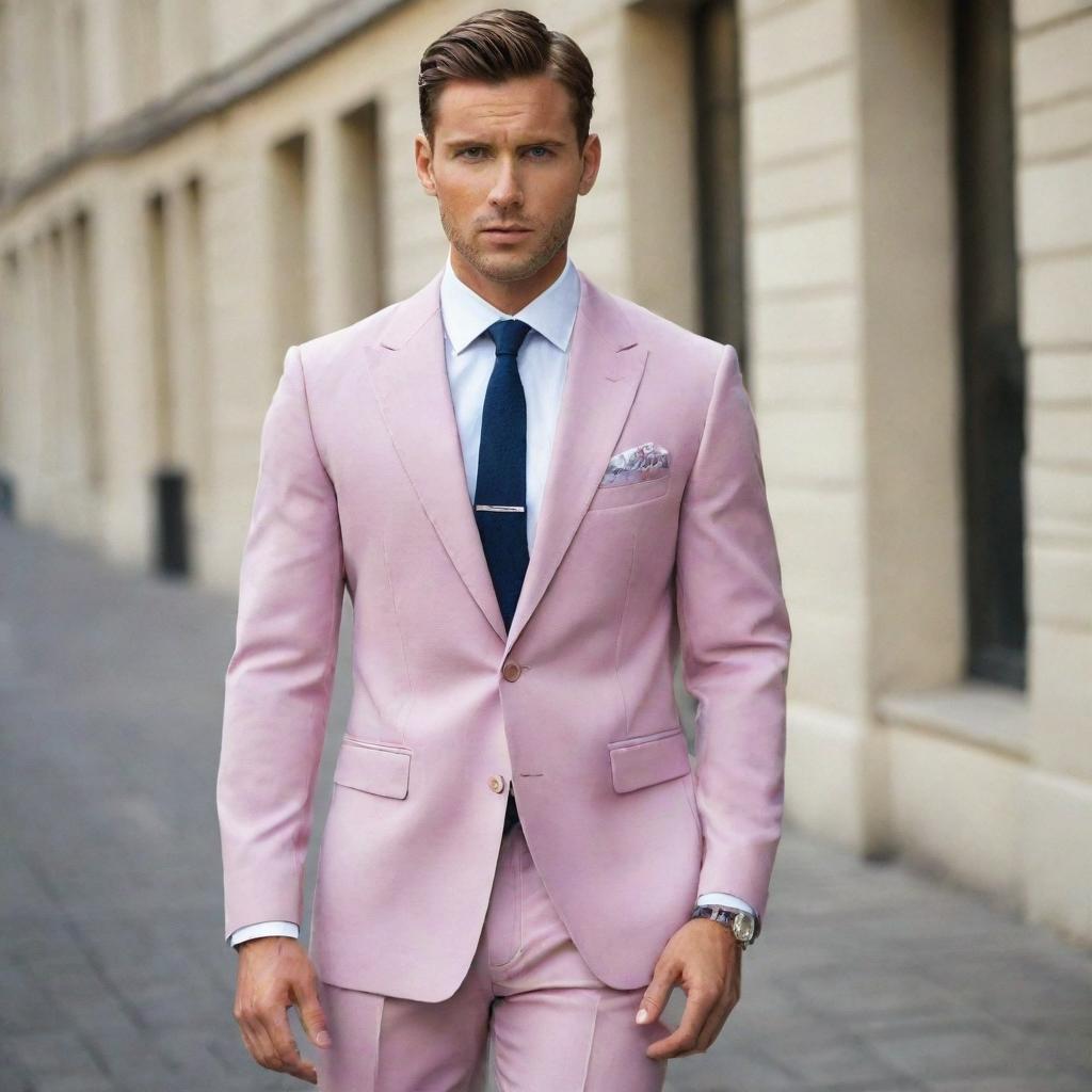 Create a range of elegant men's suits in dark pastel shades. The suits should emanate a blend of classic sophistication with a modern twist, enhanced with matching shirts and ties.