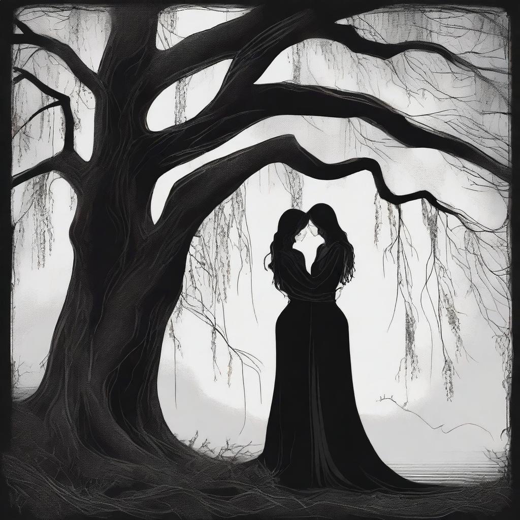 A gothic romance illustration of a lesbian couple in an intimate embrace under a large willow tree