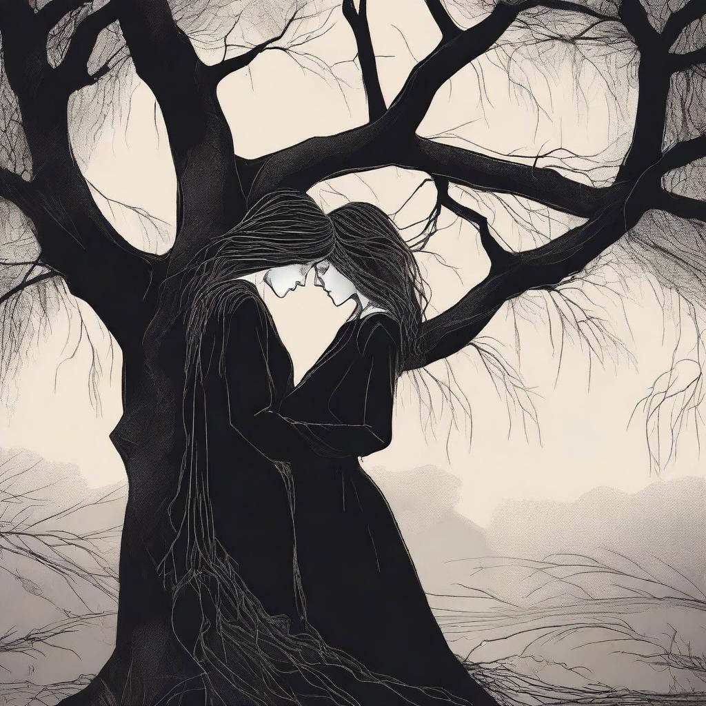 A gothic romance illustration of a lesbian couple in an intimate embrace under a large willow tree