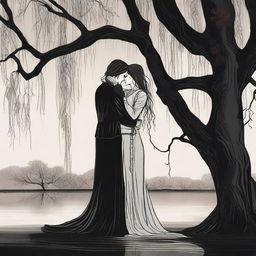 A gothic romance illustration of a lesbian couple in an intimate embrace under a large willow tree