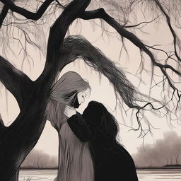 A gothic romance illustration of a lesbian couple in an intimate embrace under a large willow tree