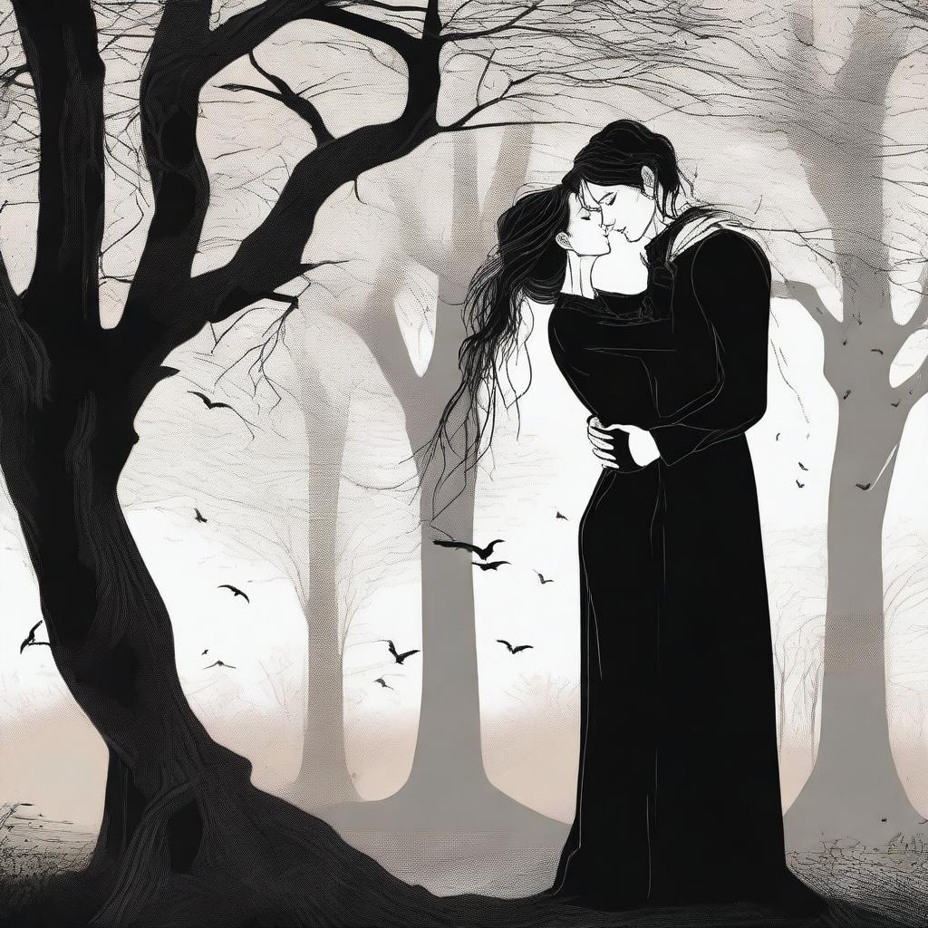 A gothic romance illustration of a lesbian couple in an intimate embrace under a large willow tree, with one of the women being a vampire