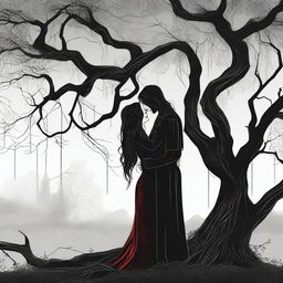 A gothic romance illustration of a lesbian couple in an intimate embrace under a large willow tree, with one of the women being a vampire