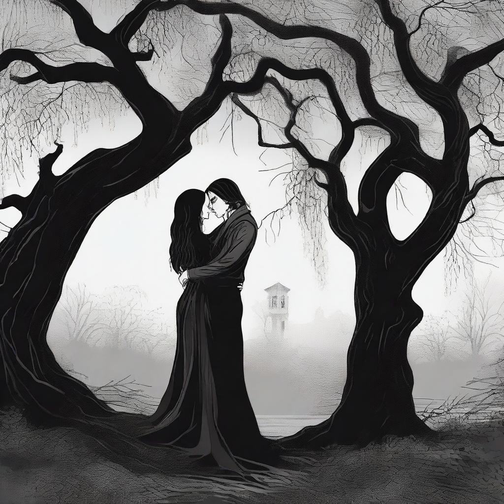 A gothic romance illustration of a lesbian couple in an intimate embrace under a large willow tree, with one of the women being a vampire