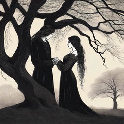 A gothic romance illustration of a lesbian couple in an intimate embrace under a large willow tree, with one of the women being a vampire