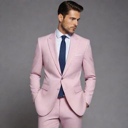 Create a range of elegant men's suits in dark pastel shades. The suits should emanate a blend of classic sophistication with a modern twist, enhanced with matching shirts and ties.