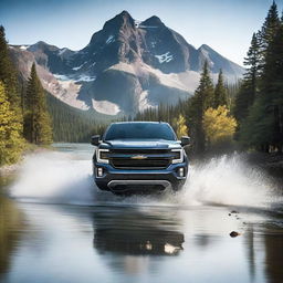 A powerful SUV plowing through a large body of water, creating a dramatic splash