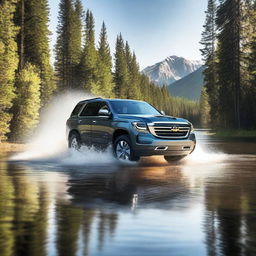 A powerful SUV plowing through a large body of water, creating a dramatic splash