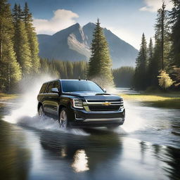 A powerful SUV plowing through a large body of water, creating a dramatic splash