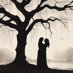 A detailed illustration of a lesbian couple in an intimate embrace under a large willow tree, with one of the women being a vampire