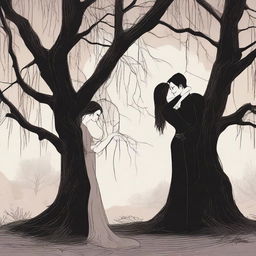 A detailed illustration of a lesbian couple in an intimate embrace under a large willow tree, with one of the women being a vampire