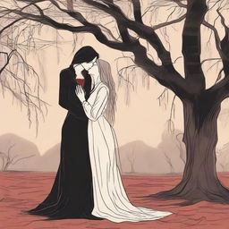 A detailed illustration of a lesbian couple in an intimate embrace under a large willow tree, with one of the women being a vampire