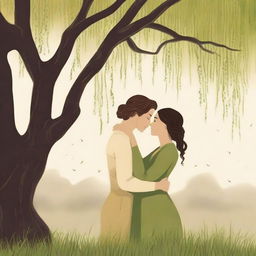 A book cover illustration featuring a lesbian couple in an intimate embrace under a large willow tree