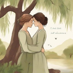 A book cover illustration featuring a lesbian couple in an intimate embrace under a large willow tree