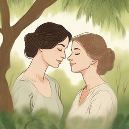 A book cover illustration featuring a lesbian couple in an intimate embrace under a large willow tree