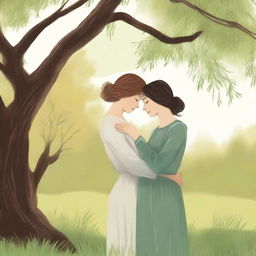 A book cover illustration featuring a lesbian couple in an intimate embrace under a large willow tree