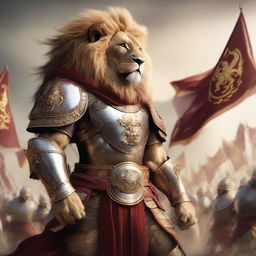 A majestic lion leading an army, adorned with regal armor and standing tall with a fierce expression