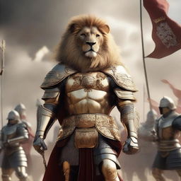 A majestic lion leading an army, adorned with regal armor and standing tall with a fierce expression