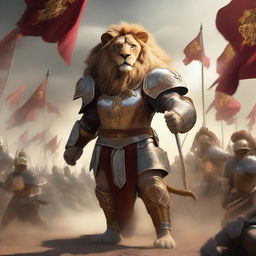 A majestic lion leading an army, adorned with regal armor and standing tall with a fierce expression