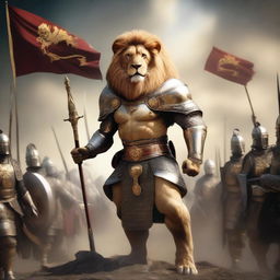 A majestic lion leading an army, adorned with regal armor and standing tall with a fierce expression