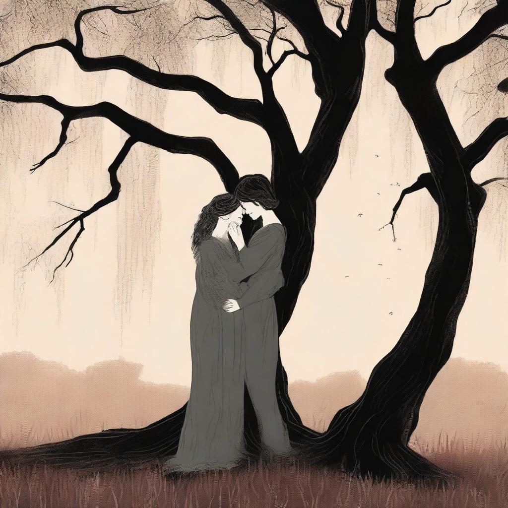 A book cover illustration featuring a lesbian couple in an intimate embrace under a large willow tree, using dark and moody colors