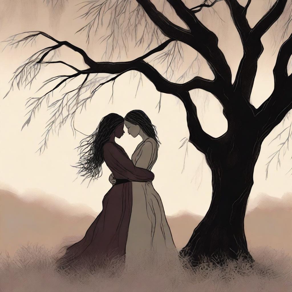 A book cover illustration featuring a lesbian couple in an intimate embrace under a large willow tree, using dark and moody colors