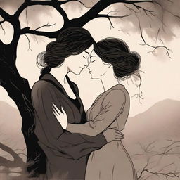 A book cover illustration featuring a lesbian couple in an intimate embrace under a large willow tree, using dark and moody colors